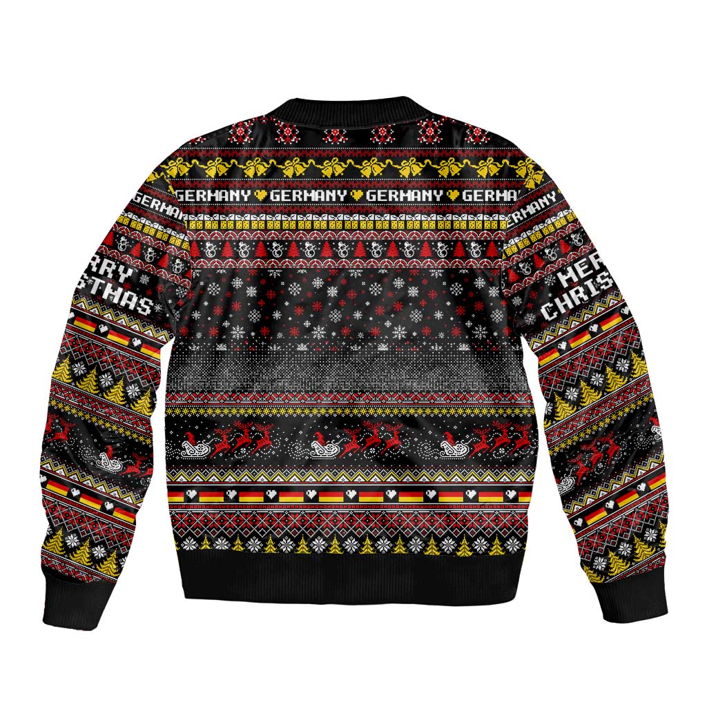 Unisex black bomber jacket with colorful holiday graphic print and ribbed cuffs
