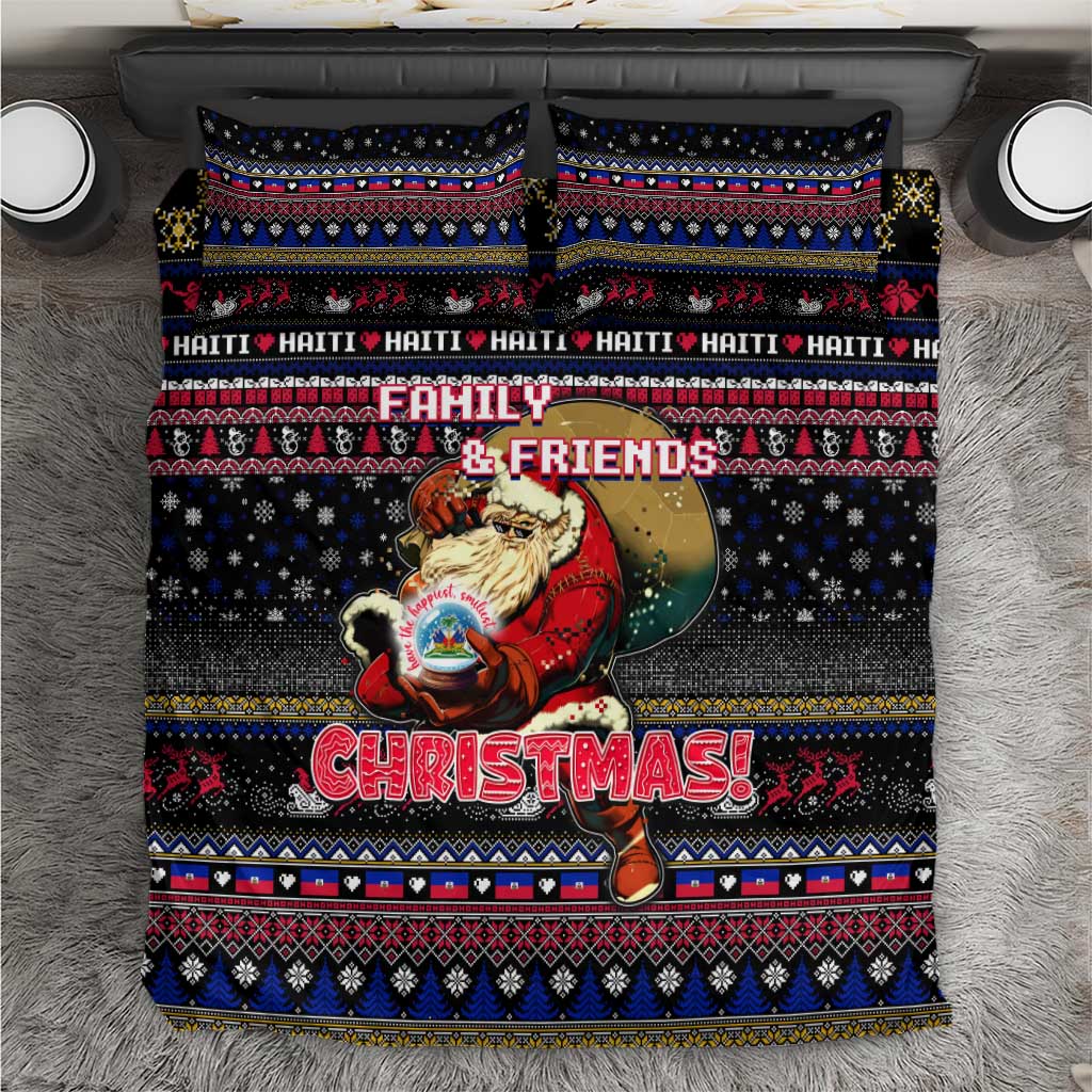 Christmas bedding set with Santa illustration, Family & Friends text, and festive border