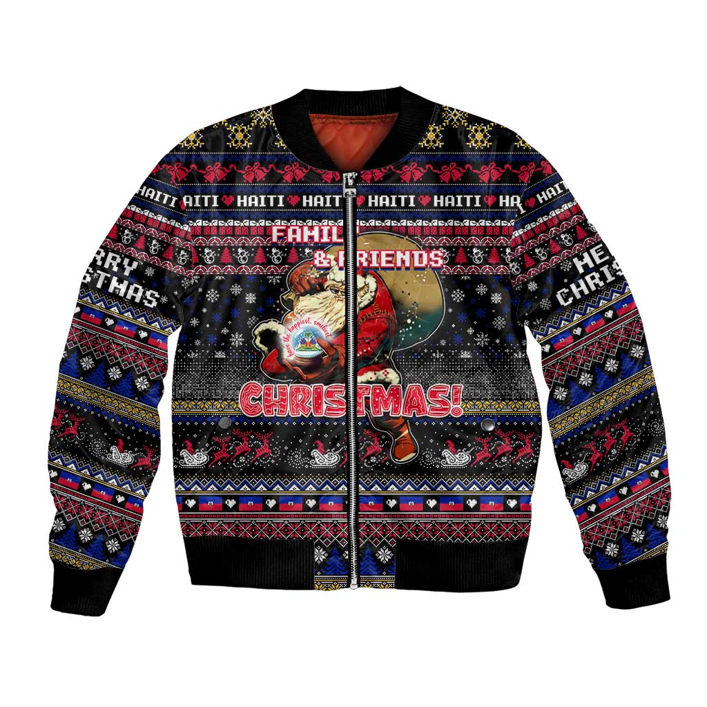 Black bomber jacket with colorful Christmas family and friends graphic, full zip front
