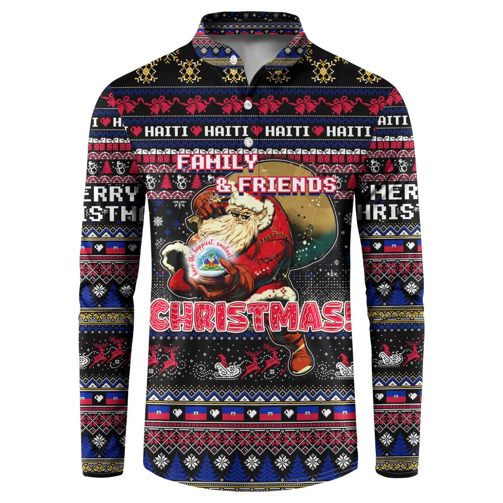 Men's black Christmas button sweatshirt with festive pattern and Santa graphic