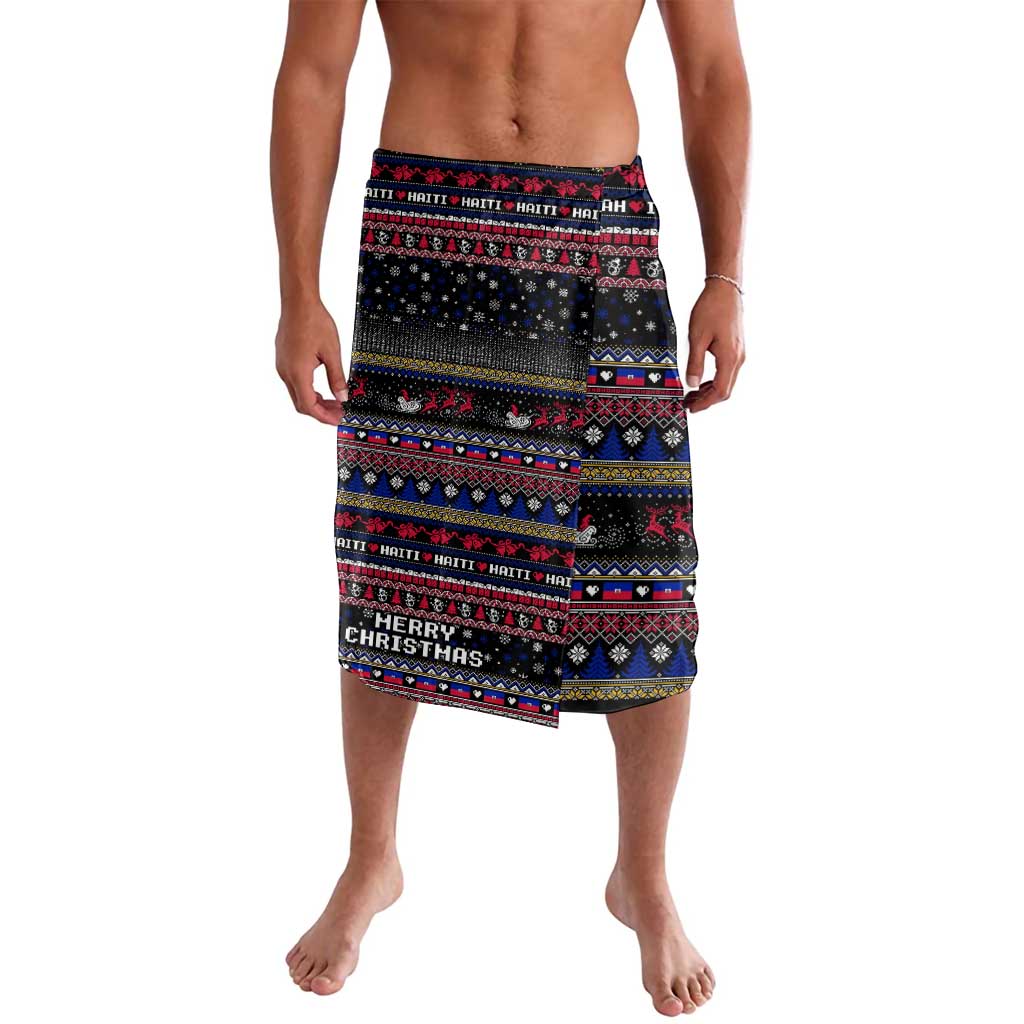 Haiti lavalava wrap skirt, black with multicolor Christmas stripe pattern and lettering