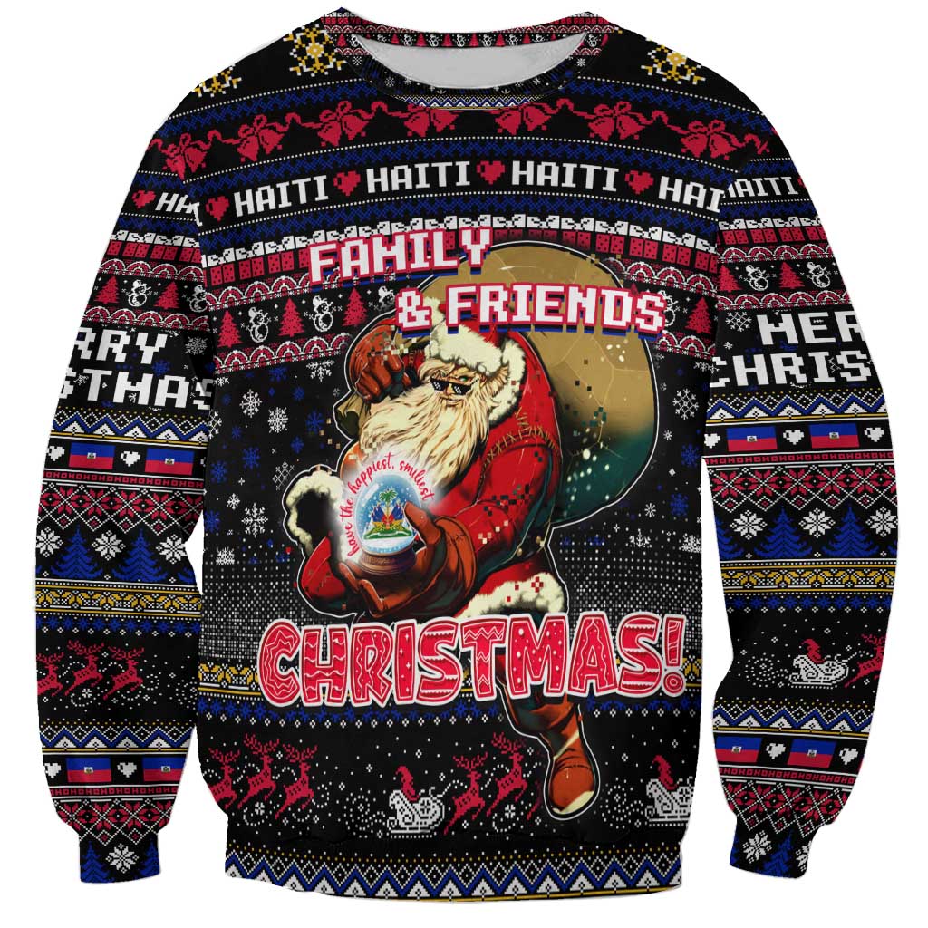 Black crewneck sweatshirt with Haiti-themed “Family & Friends” and Santa graphic