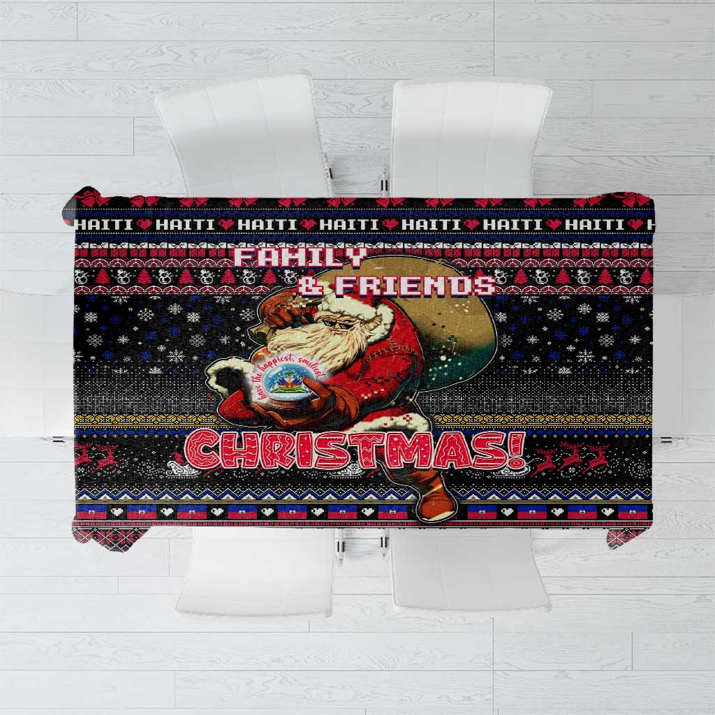 Black Christmas tablecloth with festive pattern and 'Merry Christmas' text