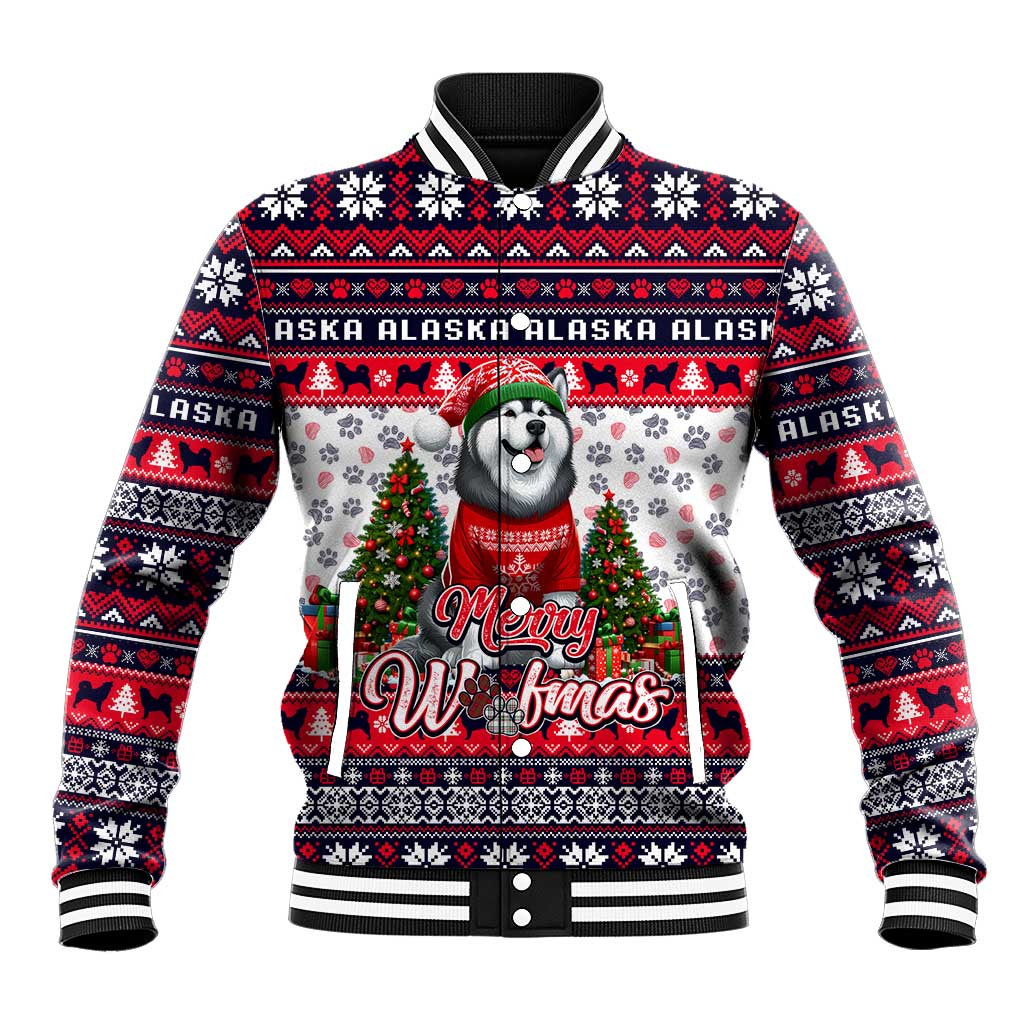 White unisex baseball jacket with festive dog Christmas graphic and fair-isle trim