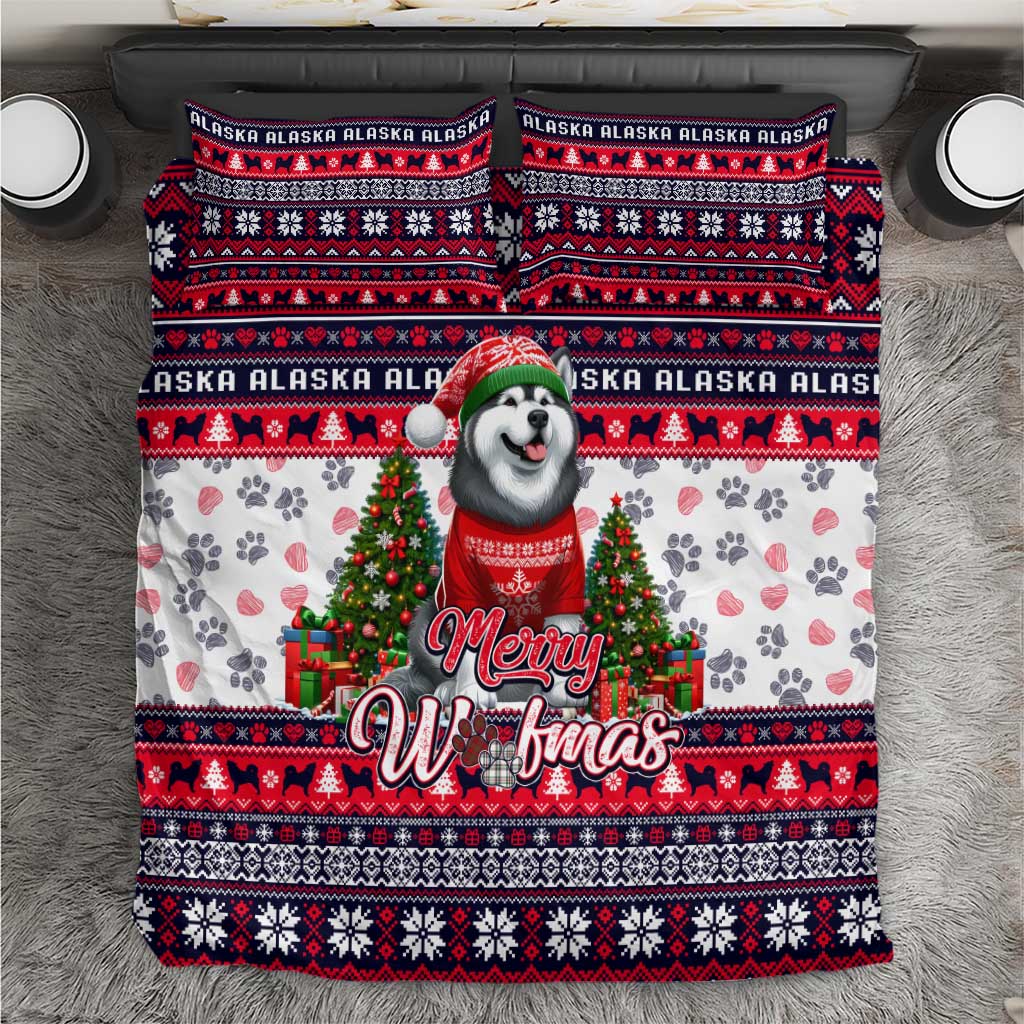 Christmas dog bedding set with Merry Woofmas design, red and navy Nordic border, two shams