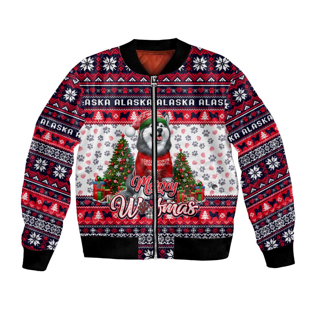 Unisex bomber jacket with festive dog and Merry Woofmas graphic, red white navy pattern