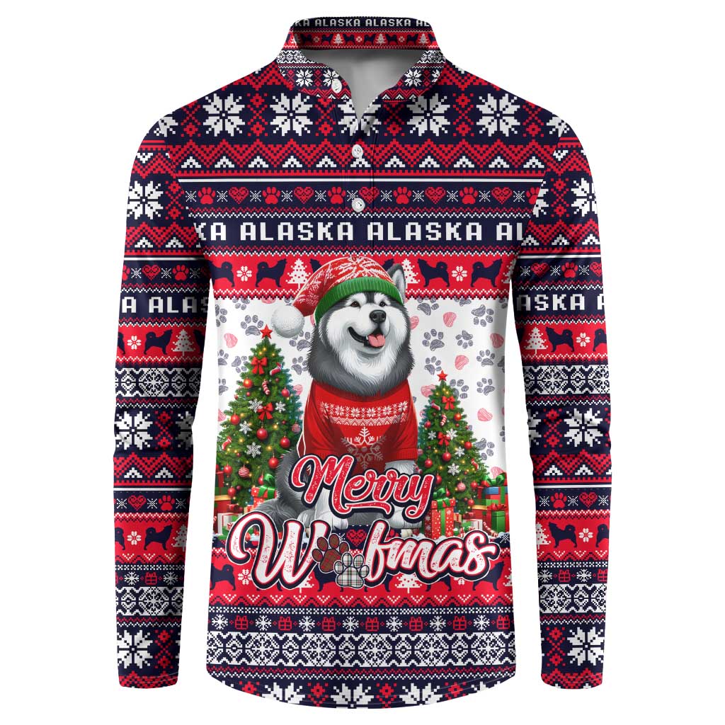 Long-sleeve button sweatshirt with red, navy, and white dog holiday graphic