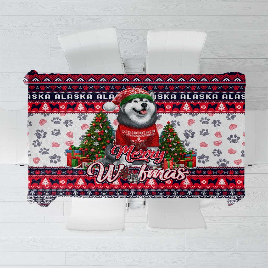 Christmas dog tablecloth, white with red/black border patterns, paw prints and 'Merry Woofmas'