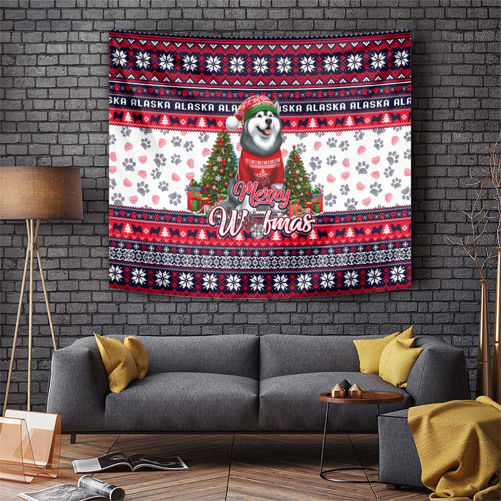 Christmas tapestry with a smiling dog in a red hat and festive tree, patterned border.
