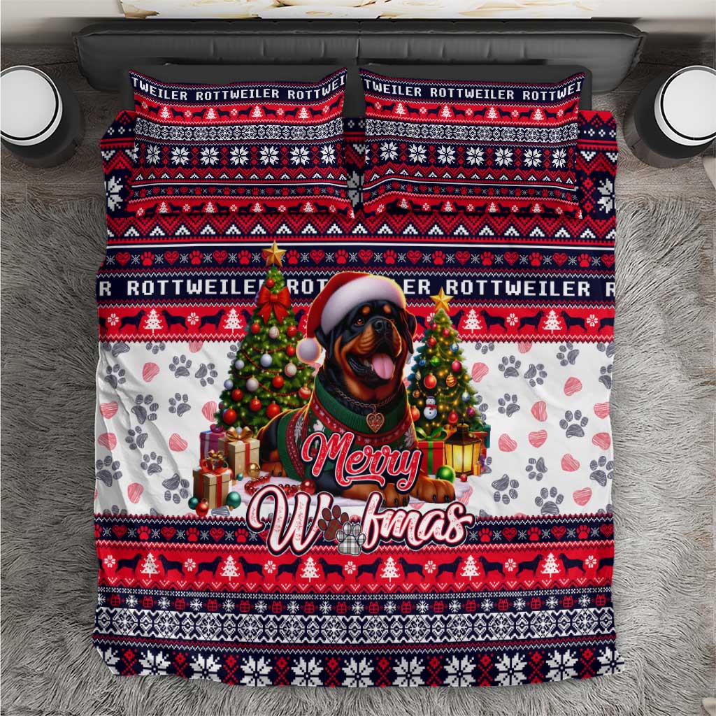 Merry Woofmas rottweiler Christmas bedding set with red, navy, and white dog art design