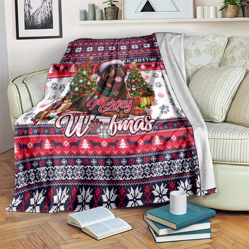 Christmas dog art blanket with red Nordic pattern, paw prints, Merry Woofmas text