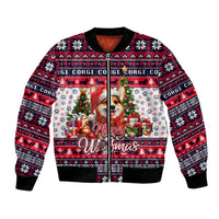 Unisex black bomber jacket with red-and-blue knit pattern and Merry Woofmas dog graphic
