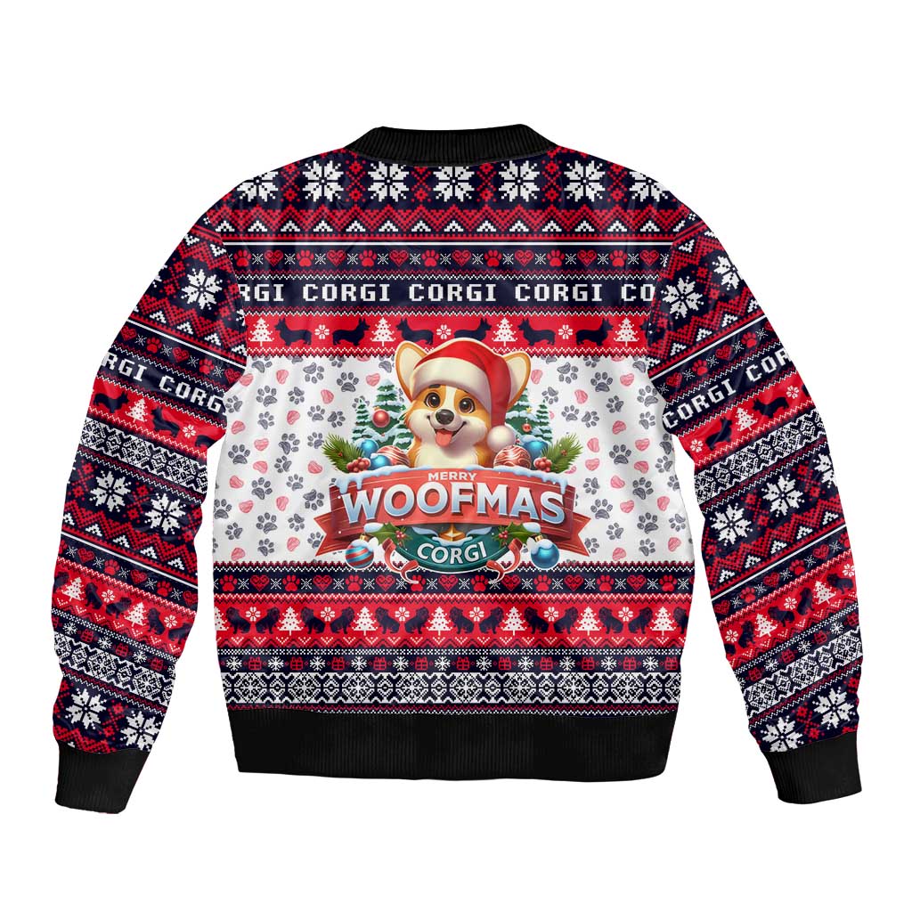Unisex black bomber jacket with Merry Woofmas corgi graphic, festive icons, and patterned sleeves