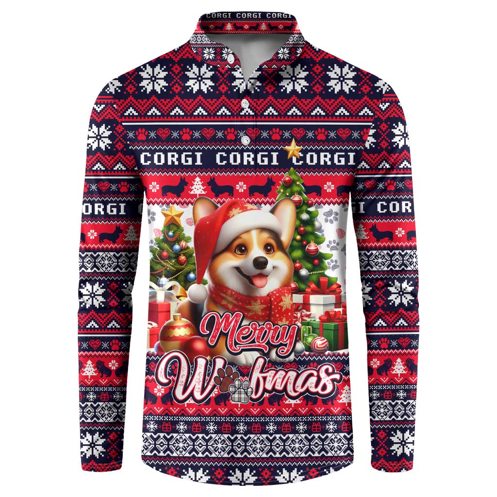 Button-up sweatshirt with red, navy, white knit pattern and Corgi Merry Woofmas graphic