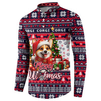 Button-up sweatshirt with patterned snowflakes, dog holding presents, Merry Woofmas print