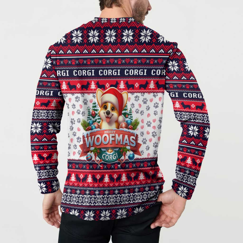 Button-up sweatshirt back view on model with repeating snowflake pattern and Woofmas text