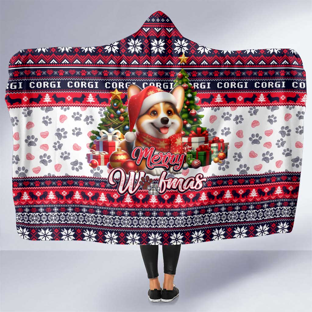 Corgi Merry Woofmas Hooded Blanket Christmas Dog Art Style