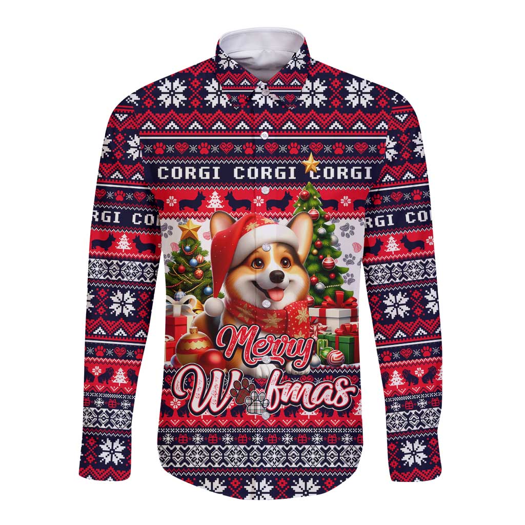 White long sleeve button shirt with festive corgi dog graphic and red-blue winter pattern