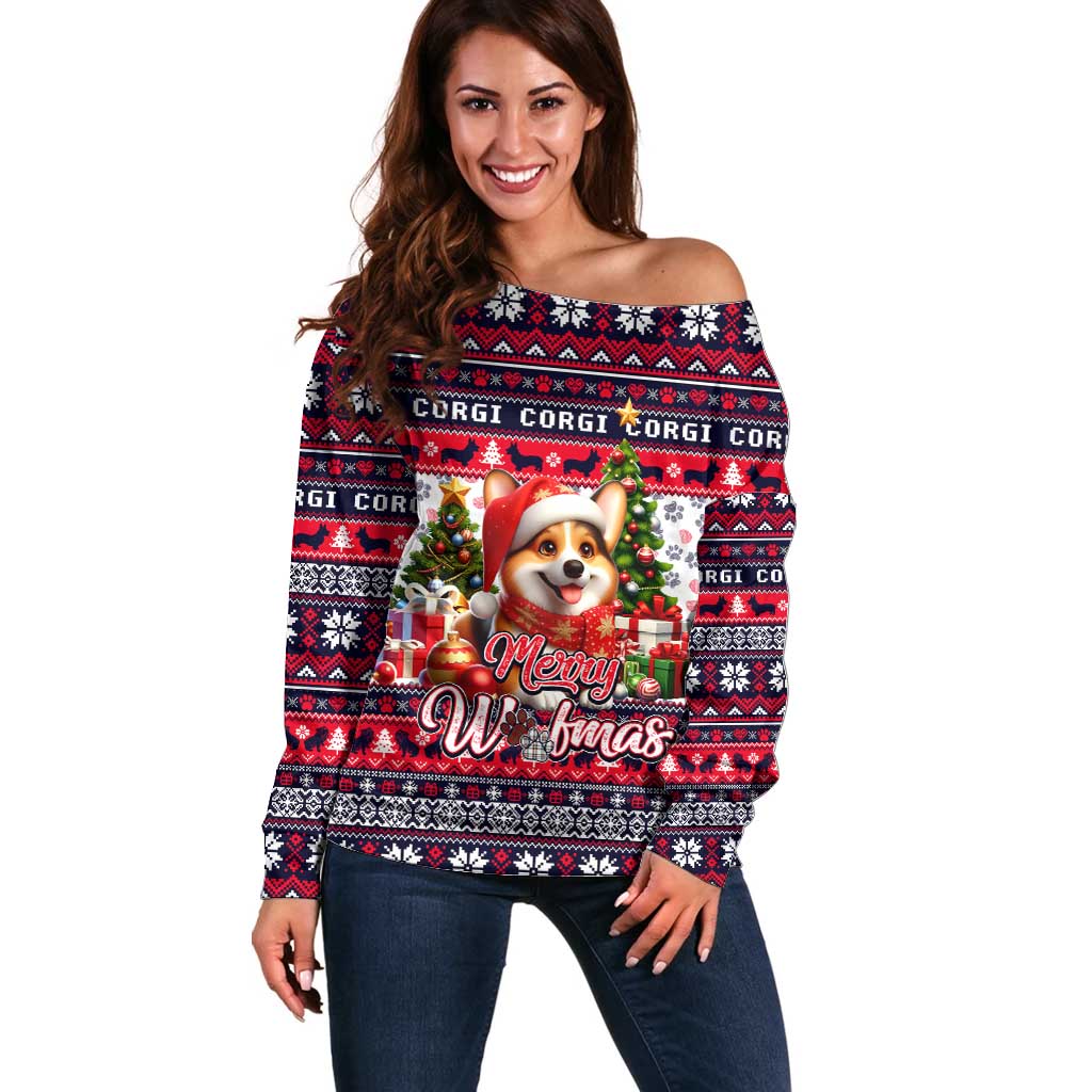 Corgi Merry Woofmas Off Shoulder Sweater Christmas Dog Art Style - Wonder Print Shop