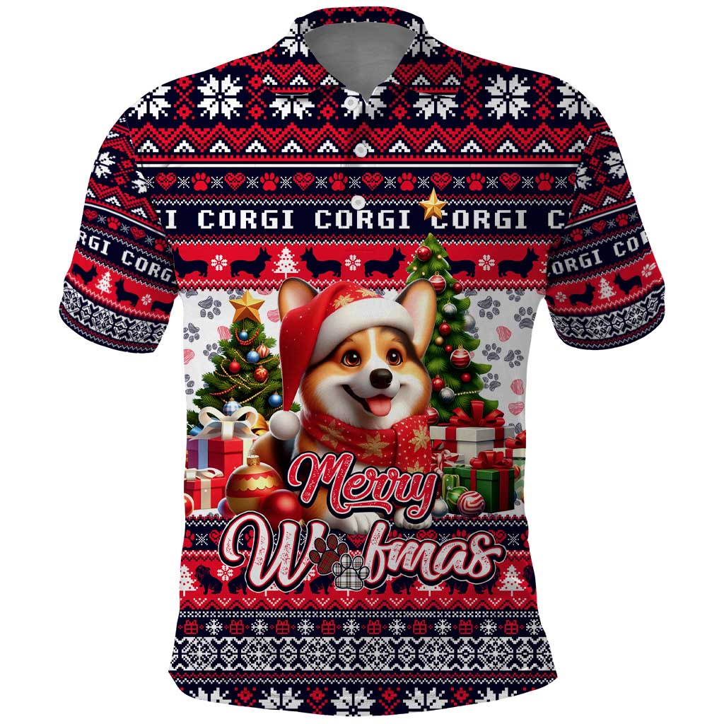 Corgi Merry Woofmas Polo Shirt Christmas Dog Art Style