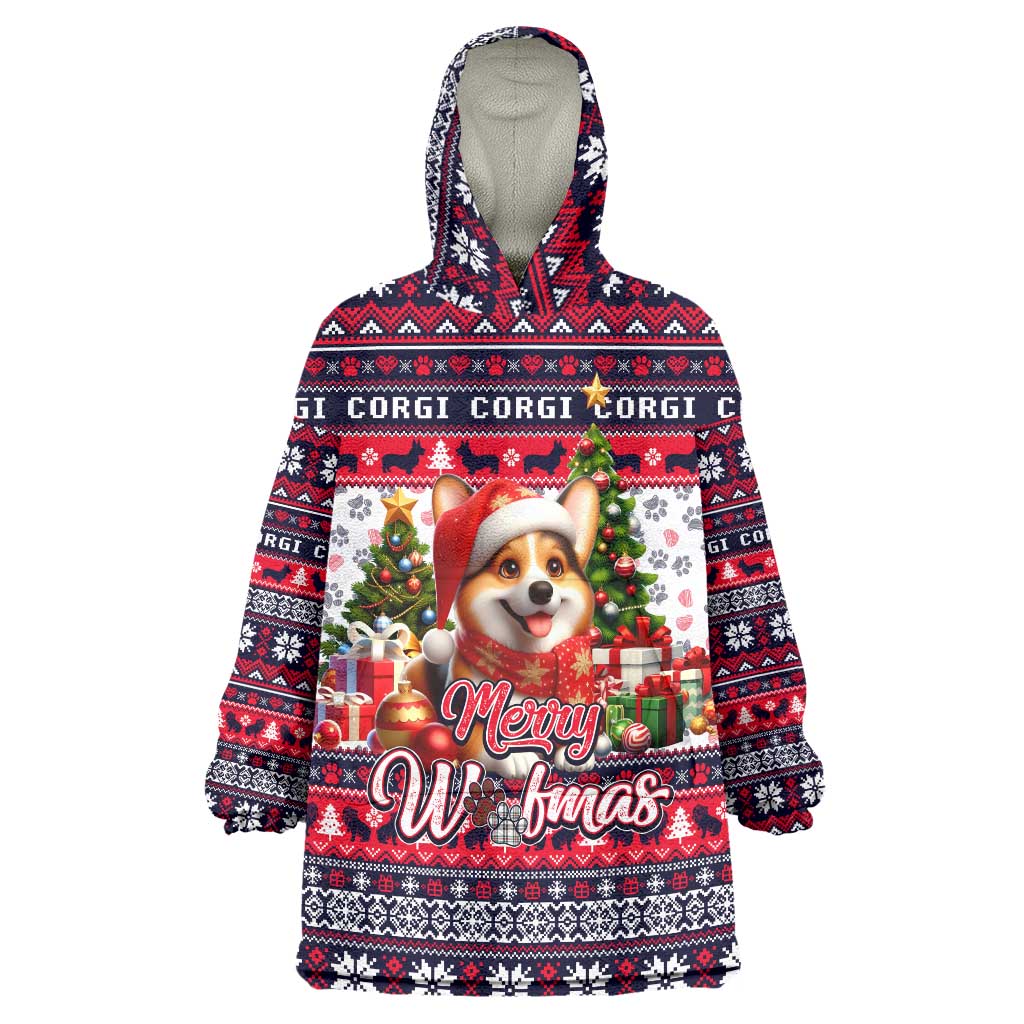 Corgi Merry Woofmas Wearable Blanket Hoodie Christmas Dog Art Style