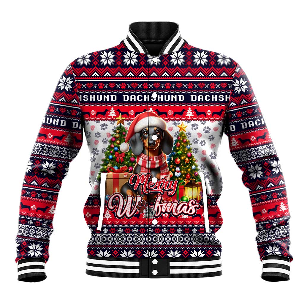 White baseball jacket with red, blue, and black holiday dachshund graphic, ribbed cuffs