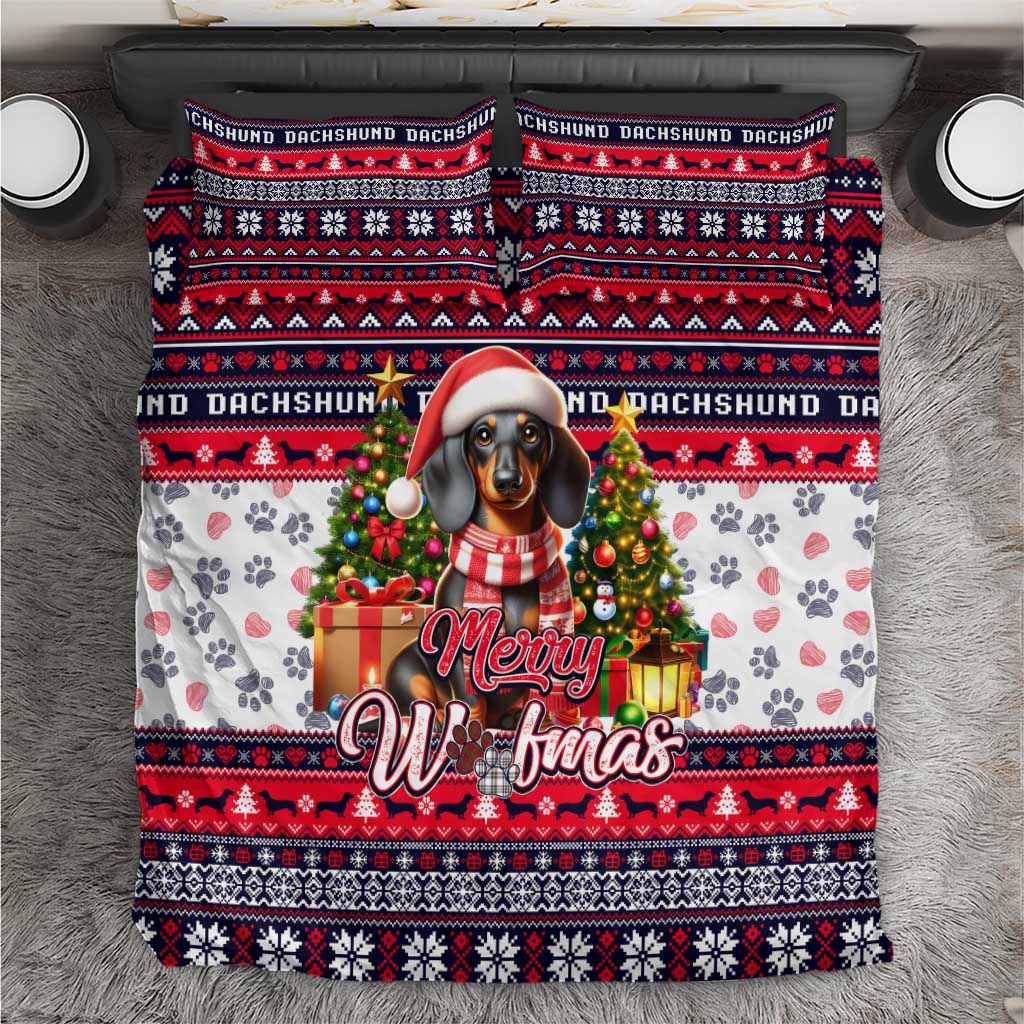 Christmas dachshund bedding set with red, navy, and white Merry Woofmas dog graphic