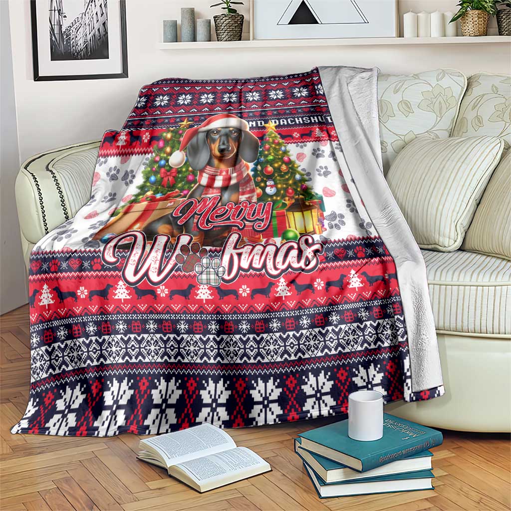 Christmas dachshund blanket with red and navy sweater pattern, Merry Woofmas text