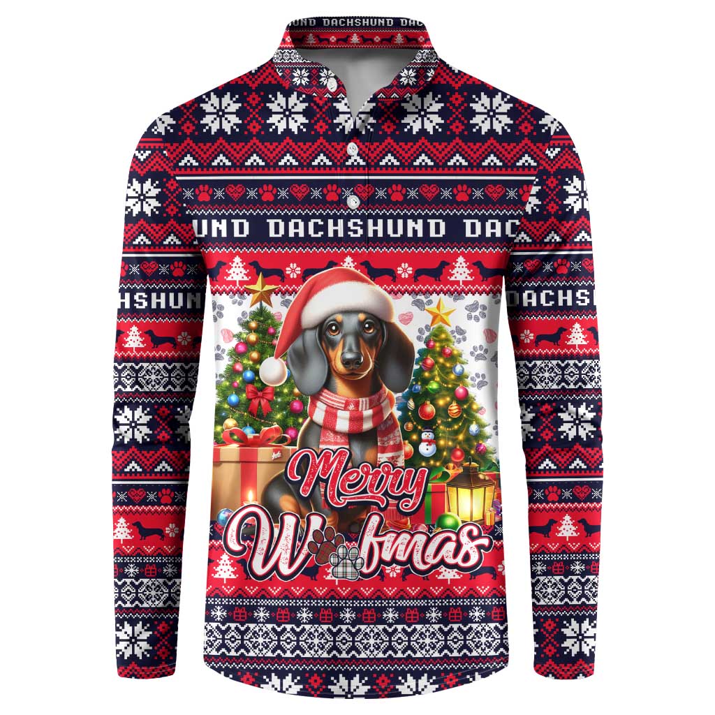 Red, white, and navy button sweatshirt with dachshund Woofmas graphic and long sleeves