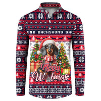 Red, white, and navy button sweatshirt with dachshund Woofmas graphic and long sleeves