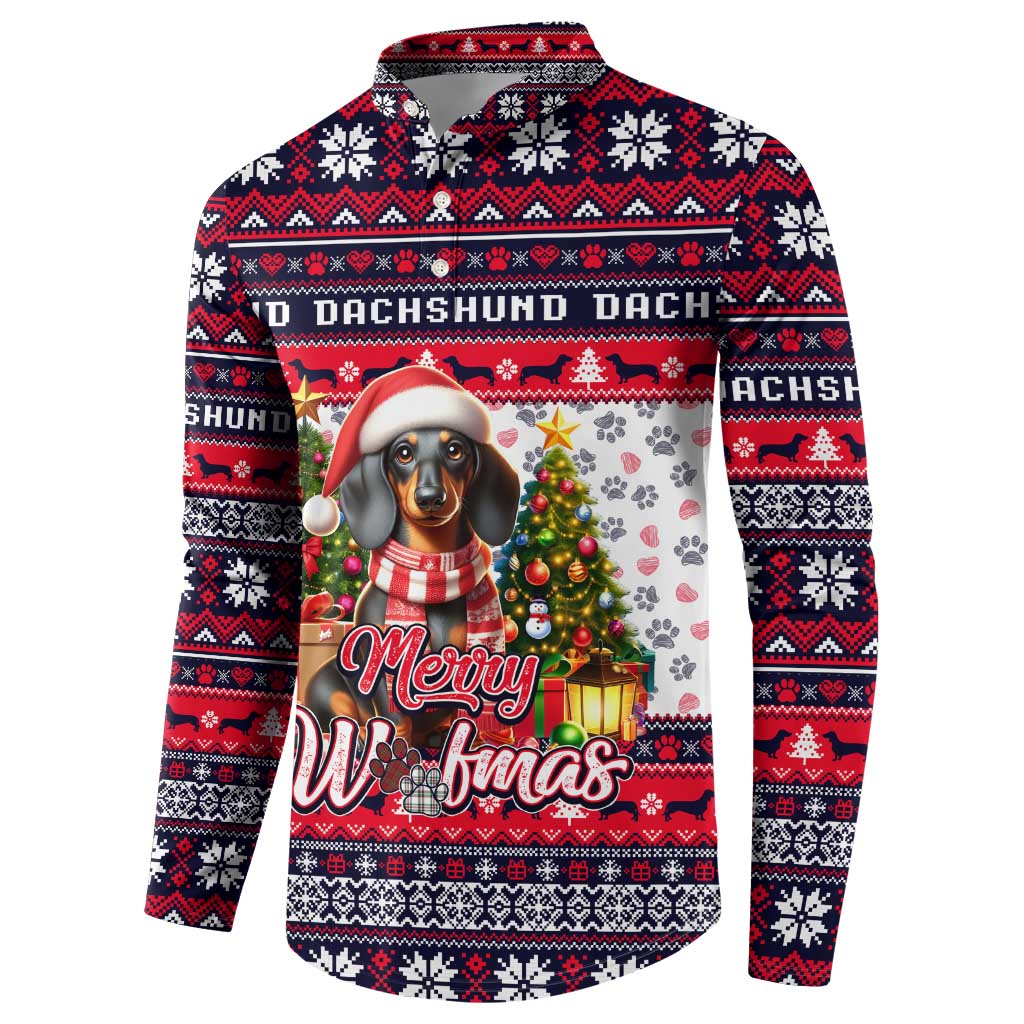Red, white, and navy button sweatshirt featuring dachshund Woofmas art, long sleeves