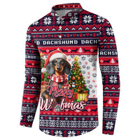 Red, white, and navy button sweatshirt featuring dachshund Woofmas art, long sleeves