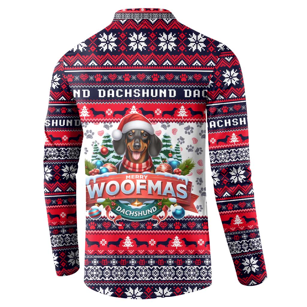 Red, white, and navy button sweatshirt with dachshund Woofmas graphic on the back