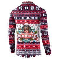 Red, white, and navy button sweatshirt with dachshund Woofmas graphic on the back