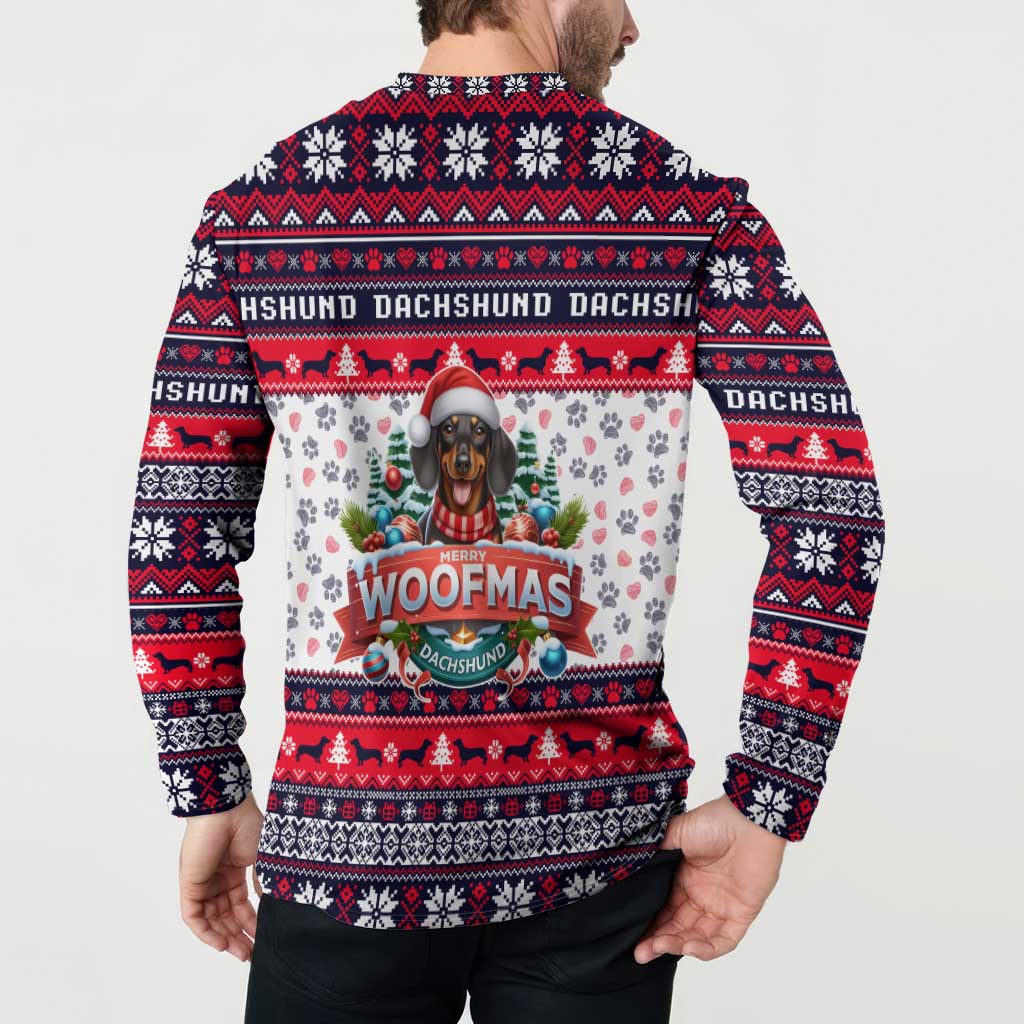 Back view of red, white, and navy button sweatshirt with dachshund Woofmas graphic