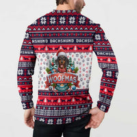 Back view of red, white, and navy button sweatshirt with dachshund Woofmas graphic