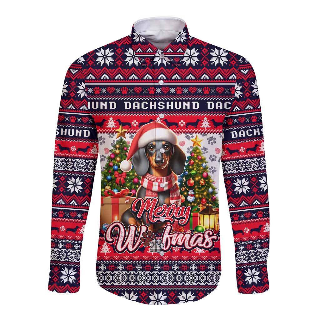 Dachshund Christmas long-sleeve button shirt, red/blue/white sweater pattern with dog art