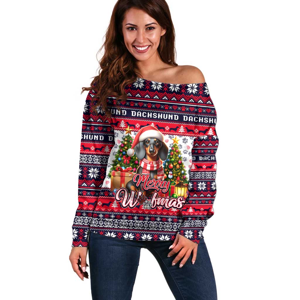 Dachshund Merry Woofmas Off Shoulder Sweater Christmas Dog Art Style - Wonder Print Shop