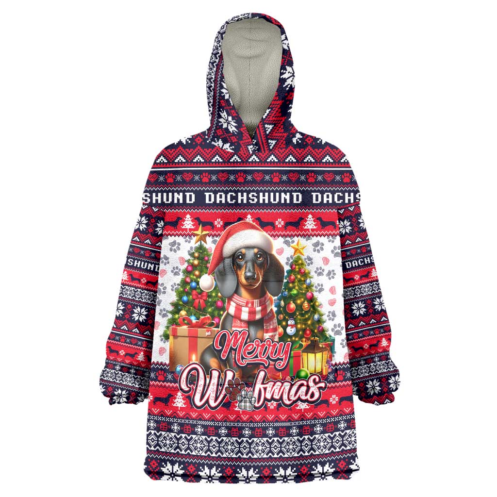 Dachshund Merry Woofmas Wearable Blanket Hoodie Christmas Dog Art Style