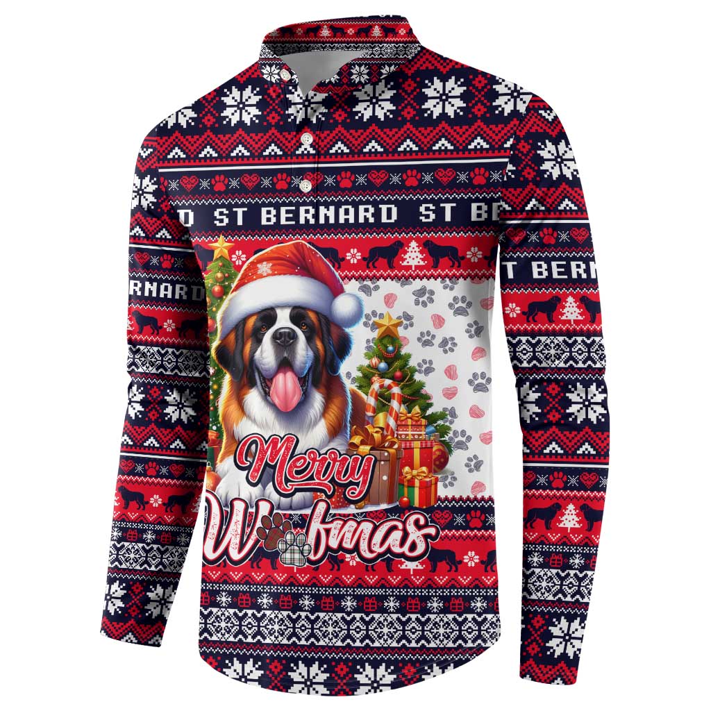 Button-front sweatshirt with Merry Woofmas dog print and red, navy, and white fair isle