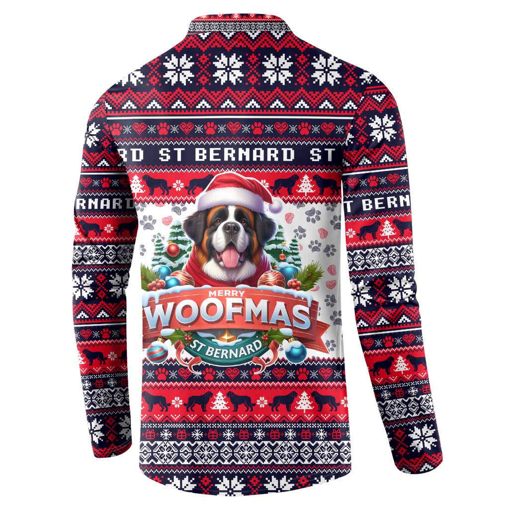 Button-front sweatshirt with back Merry Woofmas dog graphic and festive knit border