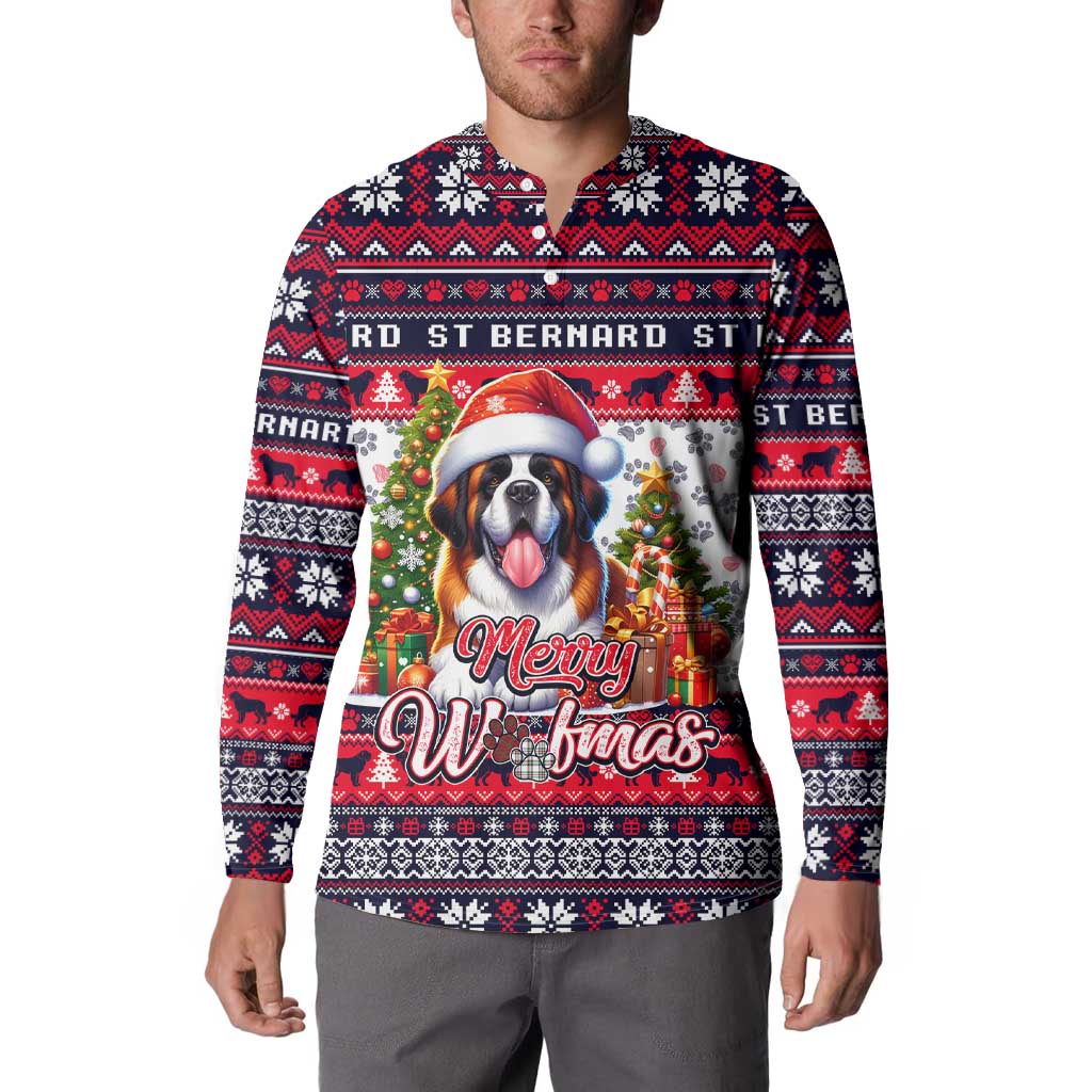 Men's button-front sweatshirt with front dog graphic 'Merry Woofmas' in holiday colors