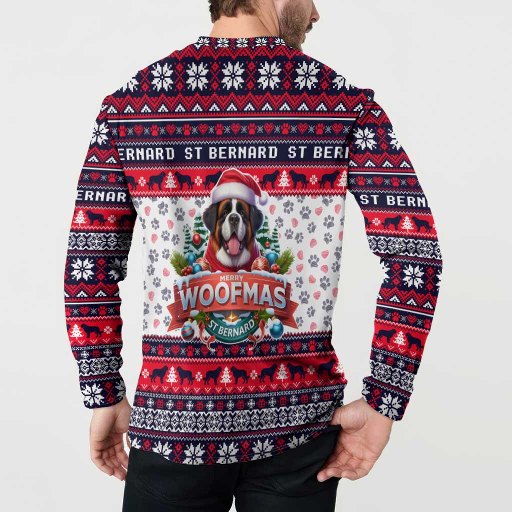 Button-front sweatshirt with back Woofmas dog graphic and red/navy winter knit pattern