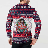 Button-front sweatshirt with back Woofmas dog graphic and red/navy winter knit pattern