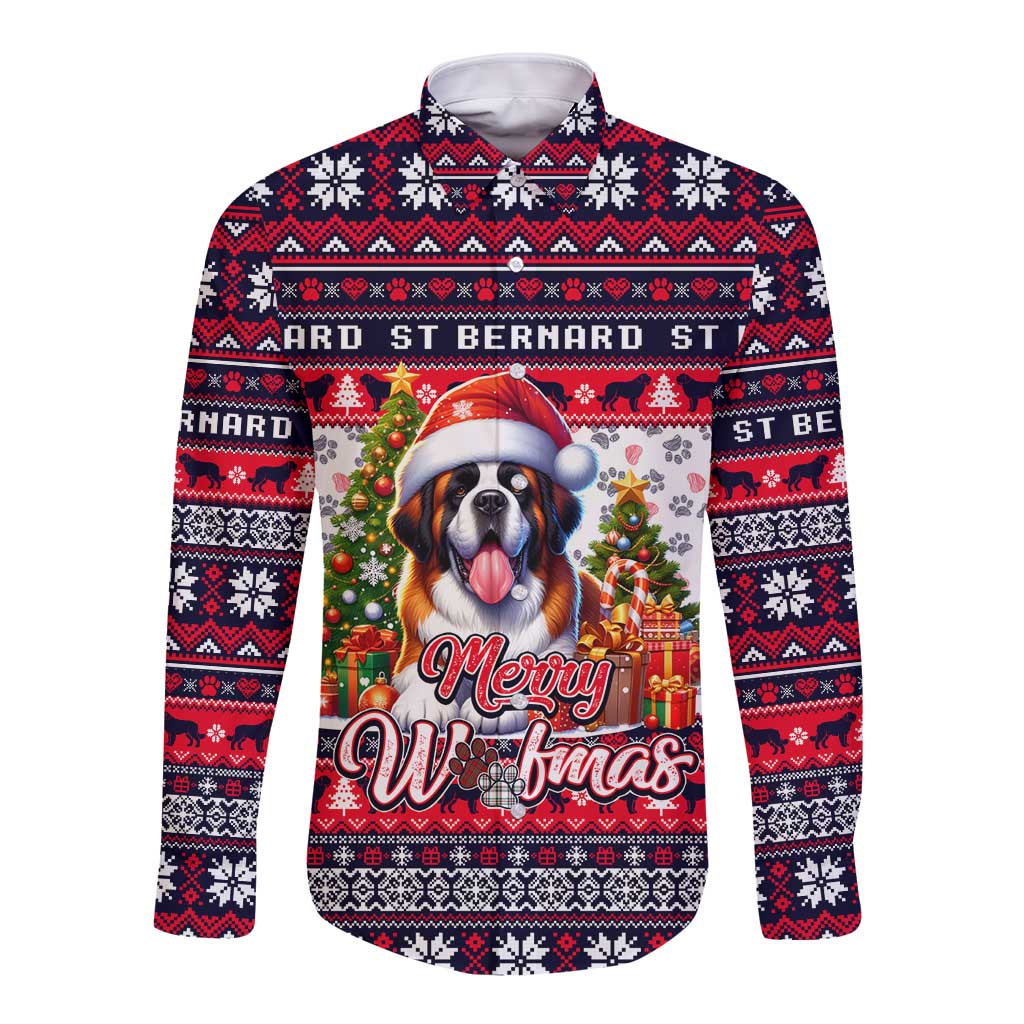 White long-sleeve button shirt with red/navy dog Merry Woofmas front art