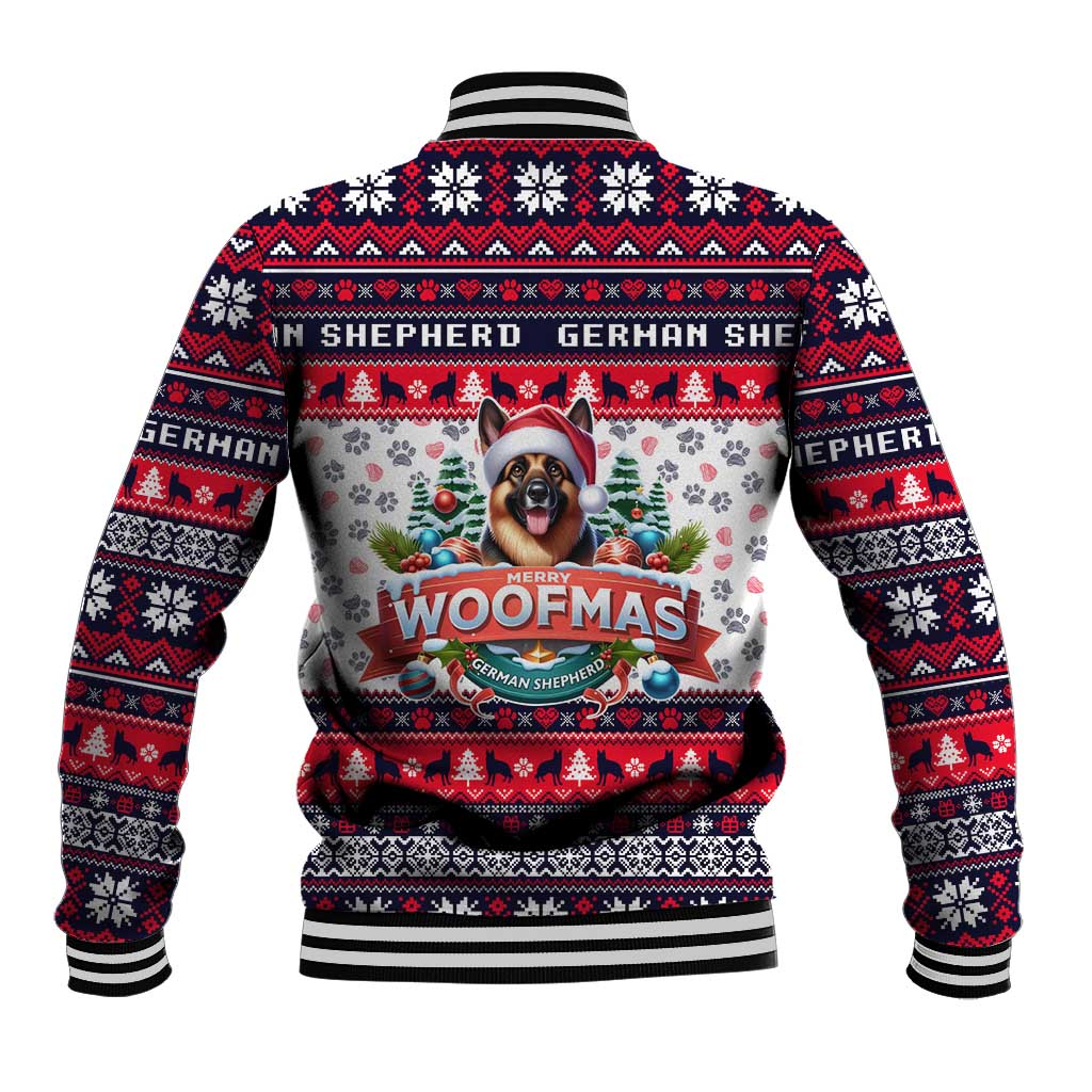 White baseball jacket with red/blue knit trim and German shepherd Christmas graphic, back