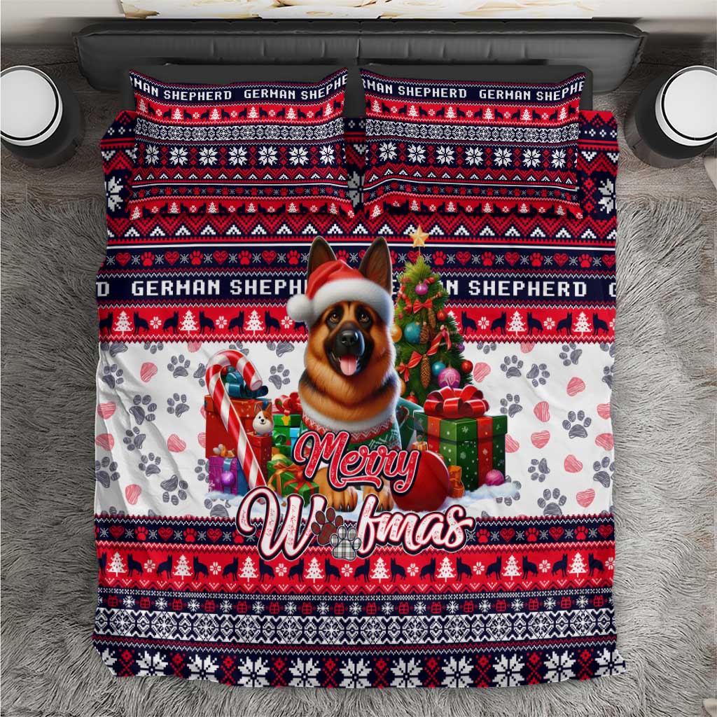 Christmas dog bedding set with “Merry Woofmas” text, red navy and white festive pattern