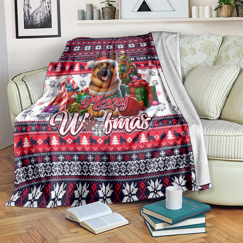 Christmas dog art blanket in red, navy and white with “Merry Woofmas” text