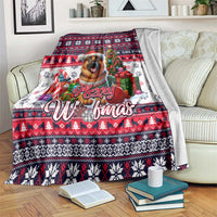 Christmas dog art blanket in red, navy and white with “Merry Woofmas” text