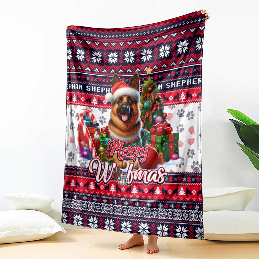 Red, navy and white “Merry Woofmas” dog art blanket with holiday pattern and gifts